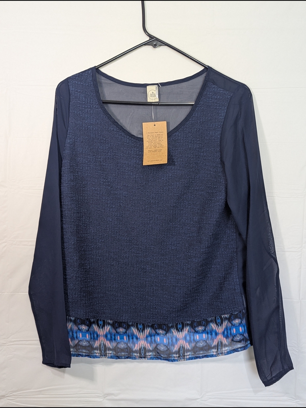 NWT Paper Crane Sheer Sleeve Boho Top Small Navy Blue Mixed Media Boutique Blous